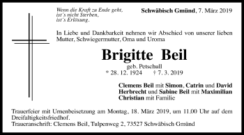 Traueranzeige von Brigitte Beil von Gmünder Tagespost