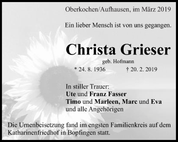 Traueranzeige von Christa Grieser von Schwäbische Post