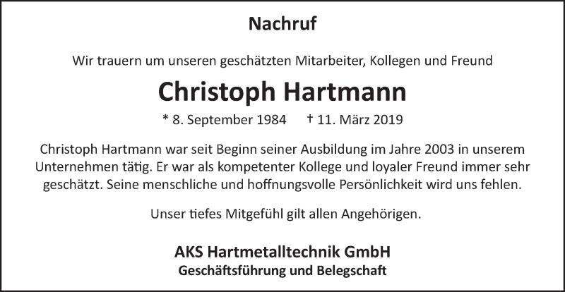  Traueranzeige für Christoph Hartmann vom 14.03.2019 aus Gmünder Tagespost