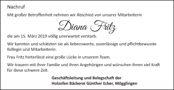 Traueranzeige von Diana Fritz von Gmünder Tagespost