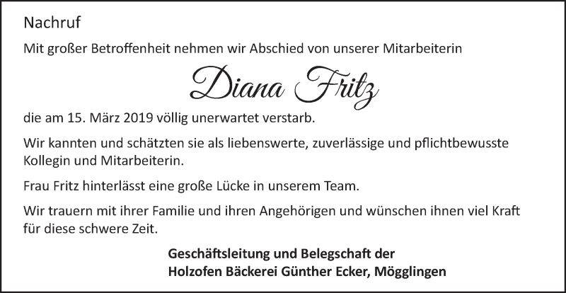  Traueranzeige für Diana Fritz vom 19.03.2019 aus Gmünder Tagespost