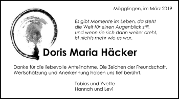 Traueranzeige von Doris Maria Häcker von Gmünder Tagespost