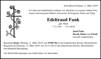Traueranzeige von Edeltraud Funk von Gmünder Tagespost
