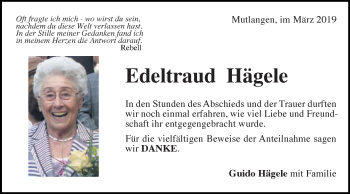 Traueranzeige von Edeltraud Hägele von Gmünder Tagespost
