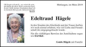 Traueranzeige von Edeltraud Hägele