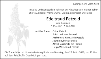 Traueranzeige von Edeltraud Petzold von Gmünder Tagespost