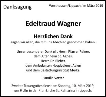 Traueranzeige von Edeltraud Wagner von Schwäbische Post