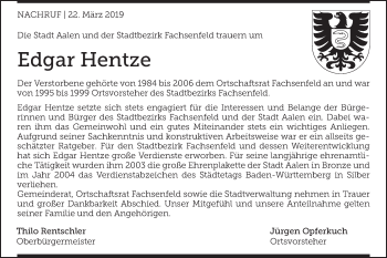 Traueranzeige von Edgar Hentze von Schwäbische Post