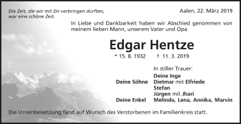 Traueranzeige von Edgar Hentze von Schwäbische Post