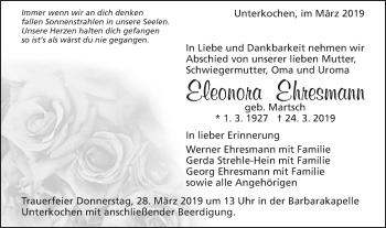 Traueranzeige von Eleonora Ehresmann von Schwäbische Post