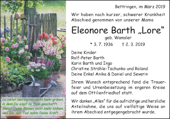 Traueranzeige von Eleonore Barth