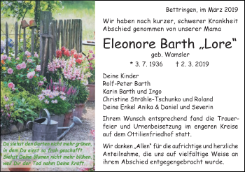 Traueranzeige von Eleonore Barth von Gmünder Tagespost