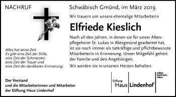 Traueranzeige von Elfriede Kieslich von Schwäbische Post