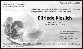 Traueranzeige von Elfriede Kieslich von Schwäbische Post