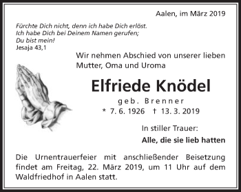 Traueranzeige von Elfriede Knödel von Schwäbische Post