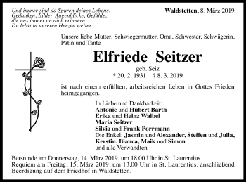 Traueranzeige von Elfriede Seitzer von Gmünder Tagespost