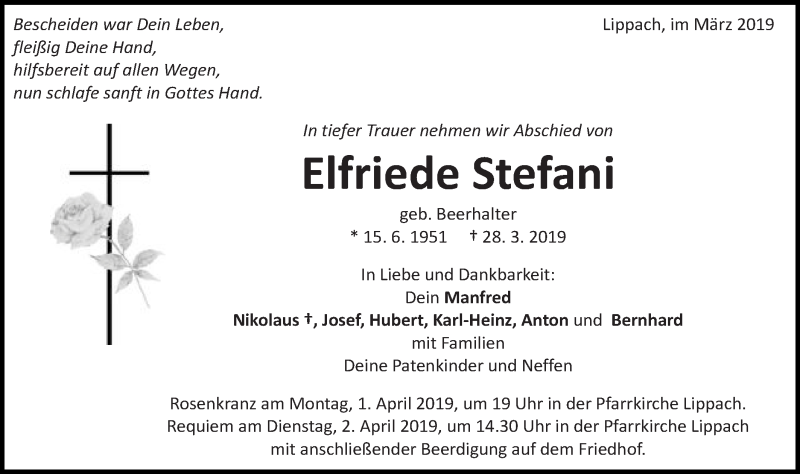  Traueranzeige für Elfriede Stefani vom 30.03.2019 aus Schwäbische Post