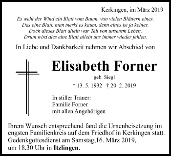 Traueranzeige von Elisabeth Forner von Schwäbische Post