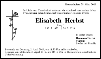 Traueranzeige von Elisabeth Herbst von Gmünder Tagespost