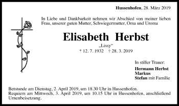 Traueranzeige von Elisabeth Herbst