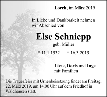 Traueranzeige von Else Schniepp von Gmünder Tagespost