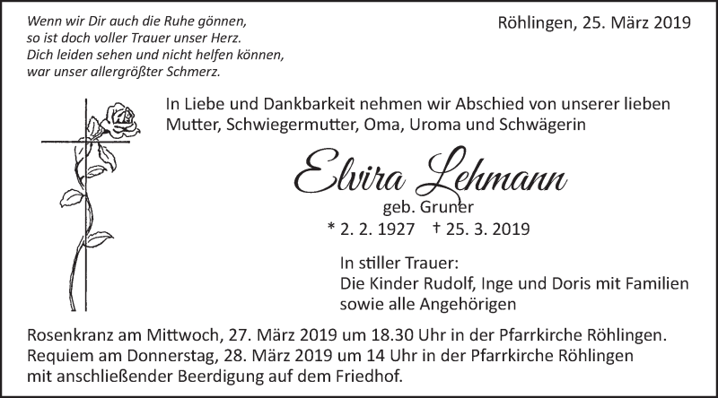  Traueranzeige für Elvira Lehmann vom 26.03.2019 aus Schwäbische Post