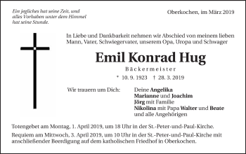 Traueranzeige von Emil Konrad Hug von Schwäbische Post