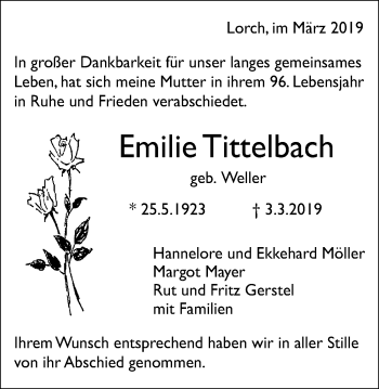 Traueranzeige von Emilie Tittelbach von Gmünder Tagespost