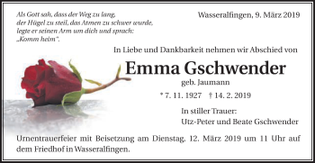 Traueranzeige von Emma Gschwender von Schwäbische Post