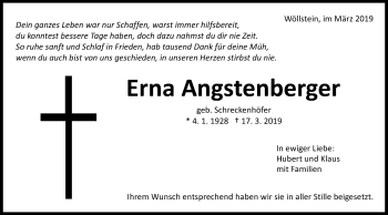 Traueranzeige von Erna Angstenberger von Kocher-Lein-Bote