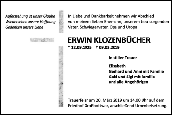Traueranzeige von Erwin Klozenbücher von Gmünder Tagespost