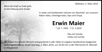 Traueranzeige von Erwin Maier von Schwäbische Post