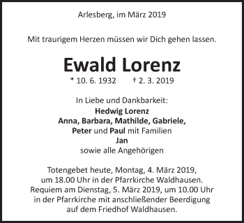 Traueranzeige von Ewald Lorenz von Schwäbische Post