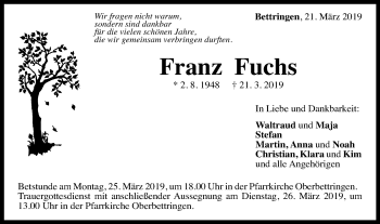Traueranzeige von Franz Fuchs von Gmünder Tagespost