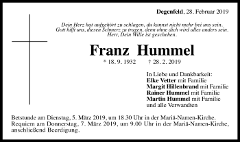 Traueranzeige von Franz Hummel von Gmünder Tagespost