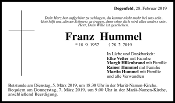 Traueranzeige von Franz Hummel