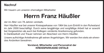 Traueranzeige von Franz Häußler von Schwäbische Post