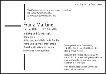 Traueranzeige von Franz Martiné von Schwäbische Post