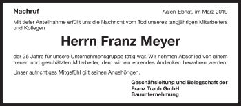 Traueranzeige von Franz Meyer von Schwäbische Post