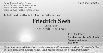 Traueranzeige von Friedrich Seeh von Schwäbische Post
