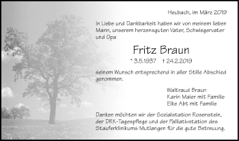 Traueranzeige von Fritz Braun von Gmünder Tagespost
