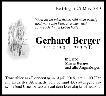 Traueranzeige von Gerhard Berger von Gmünder Tagespost