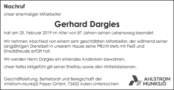 Traueranzeige von Gerhard Dargies von Schwäbische Post