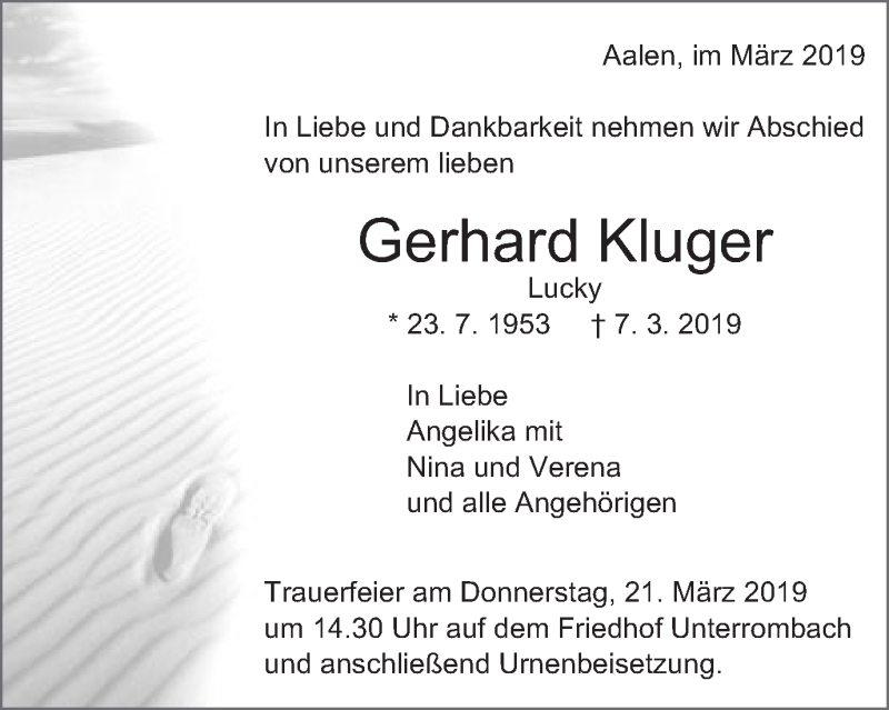  Traueranzeige für Gerhard Kluger vom 18.03.2019 aus Schwäbische Post