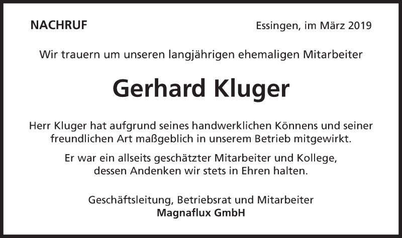  Traueranzeige für Gerhard Kluger vom 21.03.2019 aus Schwäbische Post