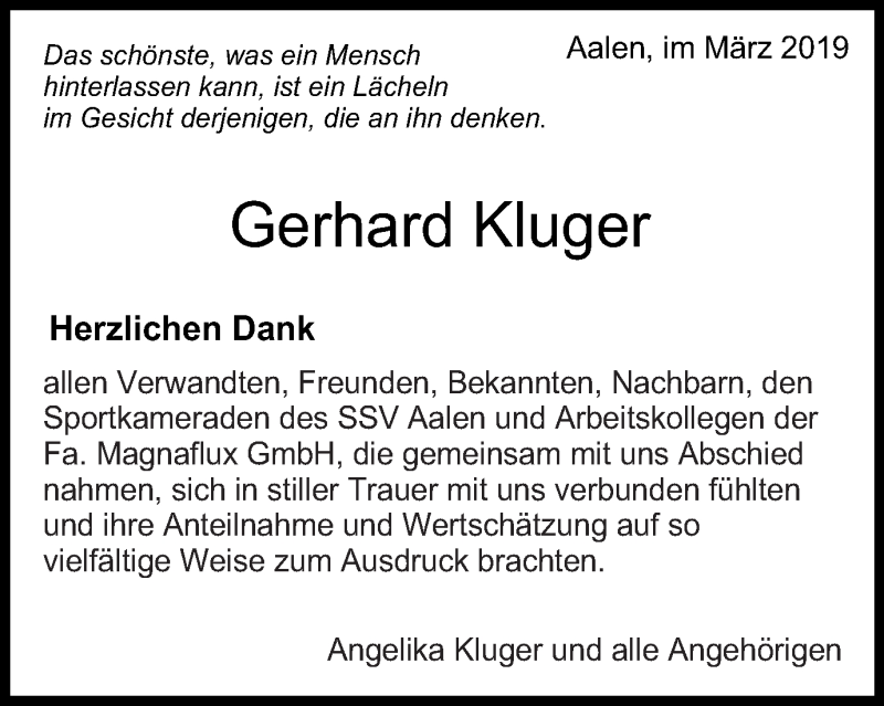  Traueranzeige für Gerhard Kluger vom 27.03.2019 aus Schwäbische Post