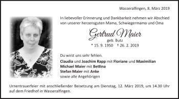 Traueranzeige von Gertrud Maier von Schwäbische Post