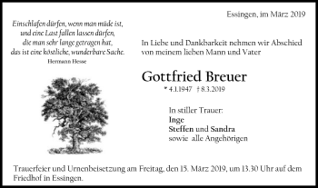 Traueranzeige von Gottfried Breuer von Schwäbische Post