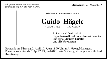 Traueranzeige von Guido Hägele von Gmünder Tagespost