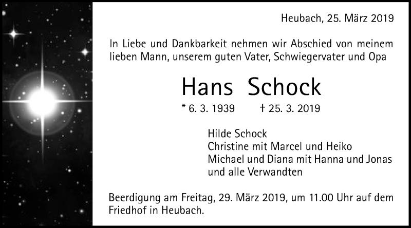  Traueranzeige für Hans Schock vom 27.03.2019 aus Schwäbische Post